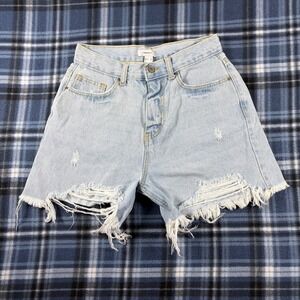 Forever 21 Womens Distressed High Waisted Denim Shorts Light Wash Blue Size 27
